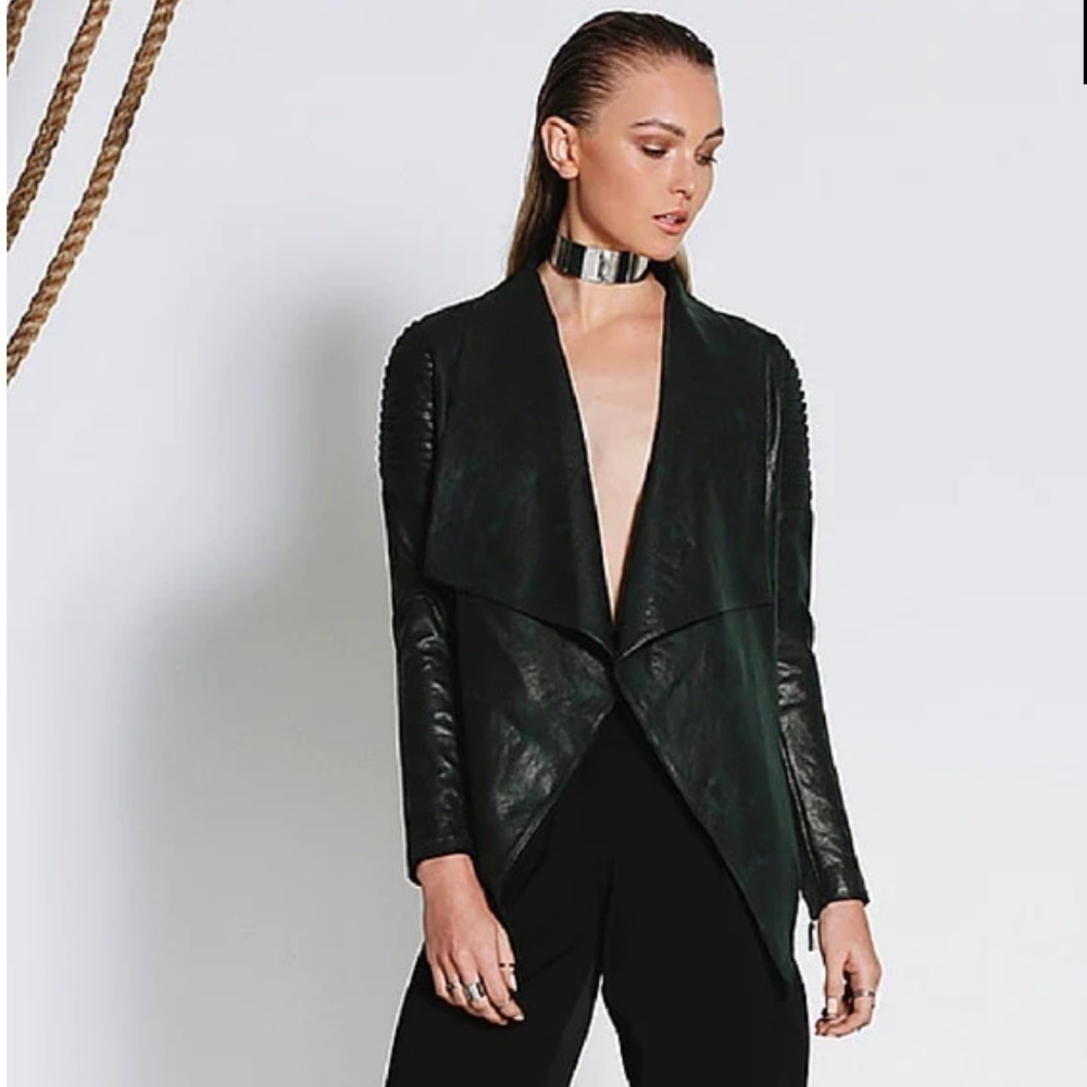 Premonition Arise Faux Leather Open Front Draped Jacket Size 2